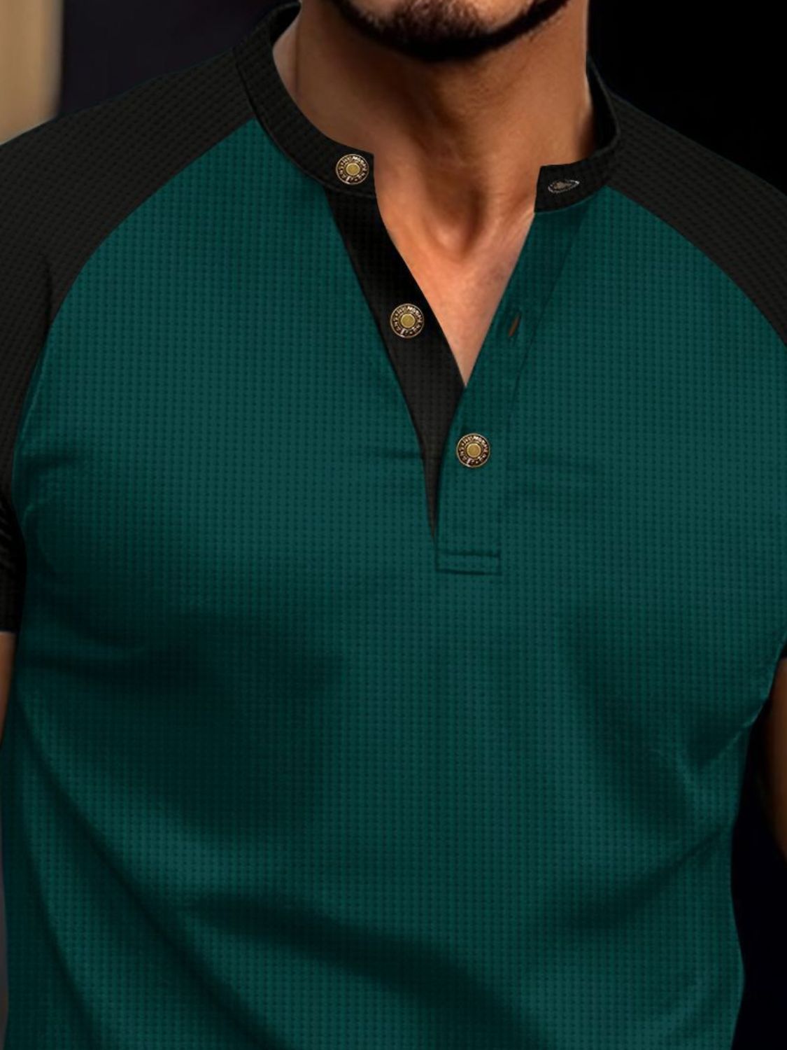 Men's Full Size Waffle-Knit Round Neck Contrast Polo Plus Size