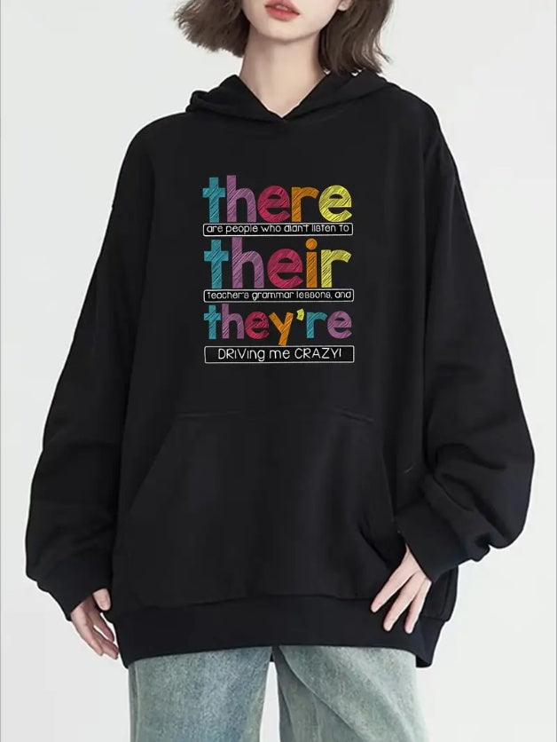 Women's Casual Hoodie With Colorful Letter Print, Long Sleeve & Pockets - Cozy Knit Pullover For Fall & Winter