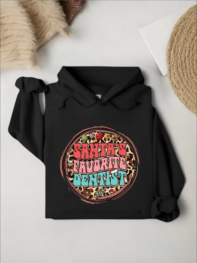 Leopard Wavy Staked Santa's Favorite Dentist Christmas Hoodie, Dental Student Xmas Gift, Dentist Xmas Season Hoodie, Dentist New Year Hoodie