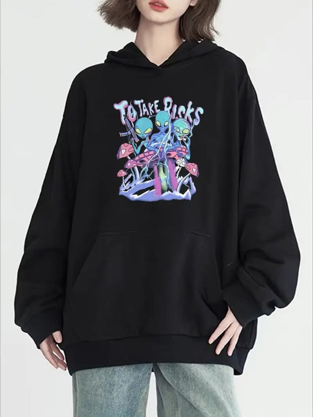 Women's Alien Print Casual Hoodie With Kangaroo Pocket - Long Sleeve, Pullover,Machine Washable - Perfect For Fall & Winter