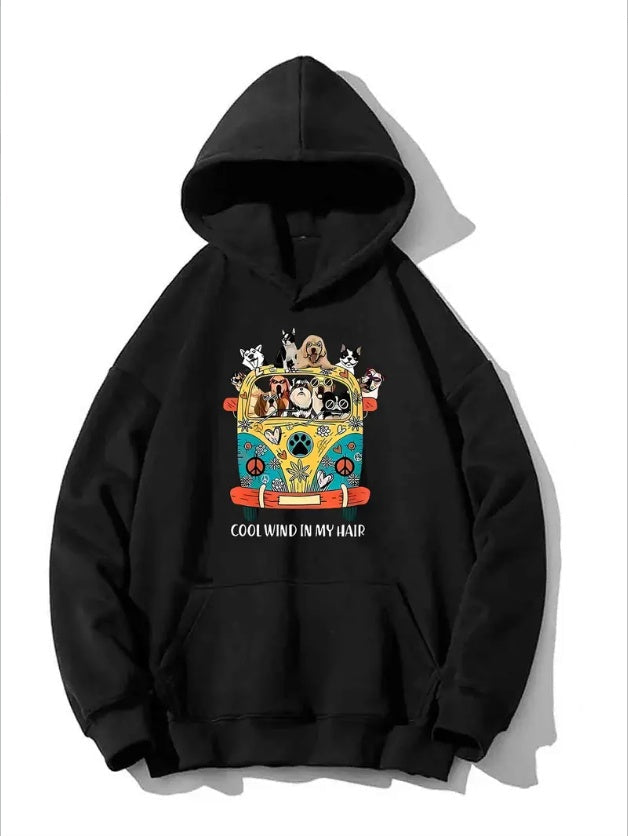 Women's Casual Hoodie With Cute Dog Print & Kangaroo Pocket - Long Sleeve Machine Washable