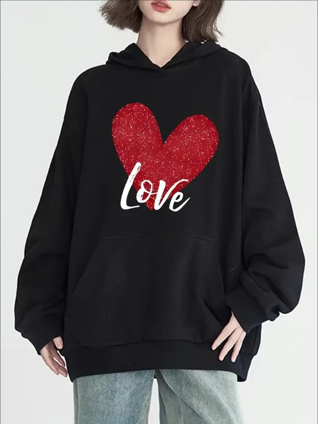 Women's Casual Love Heart Print Hoodie - Long Sleeve, Round Neck With Pockets, Cozy Pullover For Fall & Winter