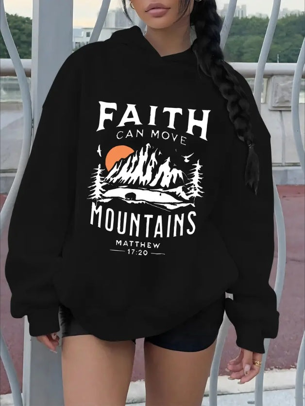 Women's Plus Size Casual Hooded Sweatshirt, Fall Winter, Mountain & Letter Print Design, Fashion Versatile Hoodie