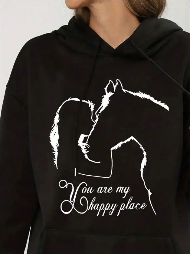 Horse Print Kangaroo Pocket Hoodie, Casual Long Sleeve Drawstring Hooded Sweatshirt, Women's Clothing