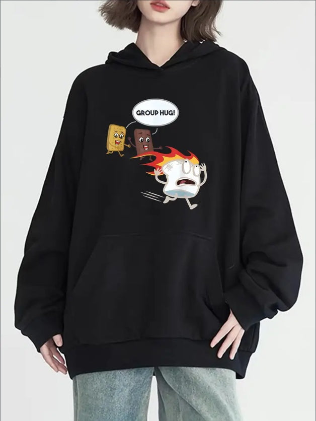 Women's Casual Hoodie With Cute Cartoon Print, Long Sleeve & Kangaroo Pocket - Cozy Pullover Sweatshirt For Fall Winter, Machine Washable