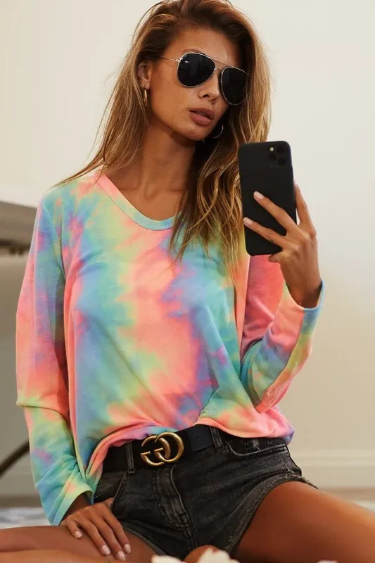 BiBi Tie Dye French Terry  Long Sleeve Knit Top