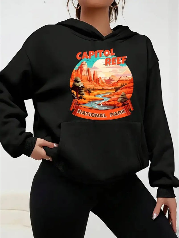 Women'S Casual Hoodie With Capitol Reef National Park Landscape Print, Hooded Collar, Kangaroo Pocket - Fall Winter Fashion