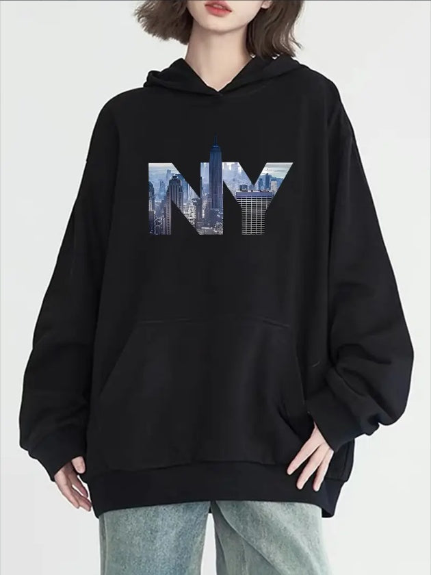Women's New York City-Inspired Hoodie With Pockets - Casual Long Sleeve Pullover, Cozy For Fall & Winter