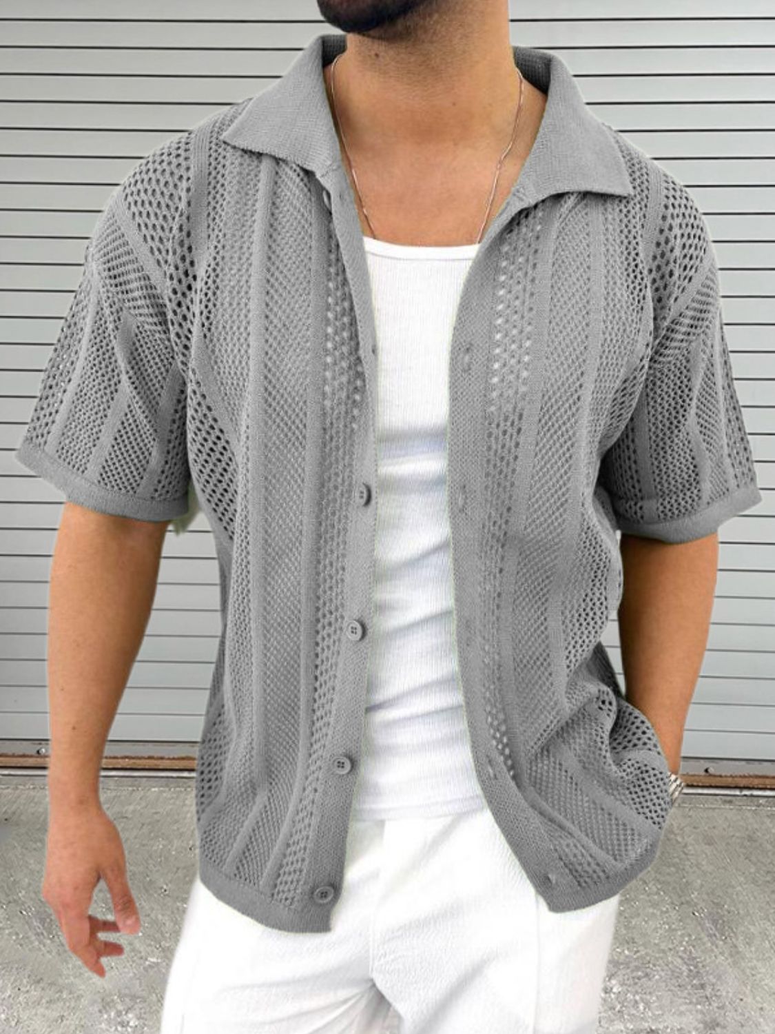 Men's Button Down Collared Neck Hollow Out Shirt