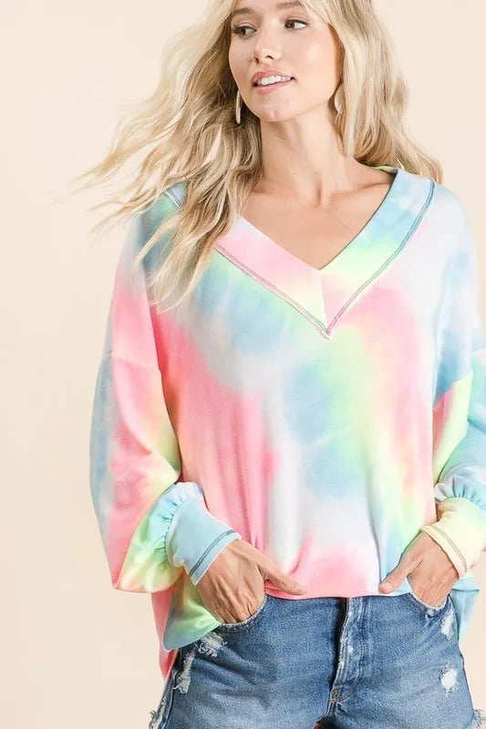BiBi Tie Dye French Terry V-Neck Top with Puff Sleeves