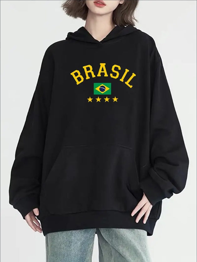 Brazilian Flag Graphic Hoodie With Kangaroo Pocket - Casual Long Sleeve Pullover For Women, Machine Washable