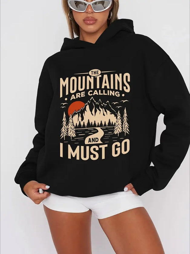 Cozy Women's Mountain Print Hoodie, Casual Hooded Sweatshirt With Relaxed Fit And Soft Fabric