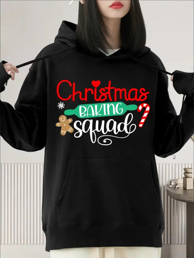 Christmas Baking Squad Printed  Hoodie - Relaxed Fit, Classic Crew Neckline - Perfect For Fall And Winter Season, Ideal For Casual Outings And Daily Wear, Trendy And Fashionable Apparel