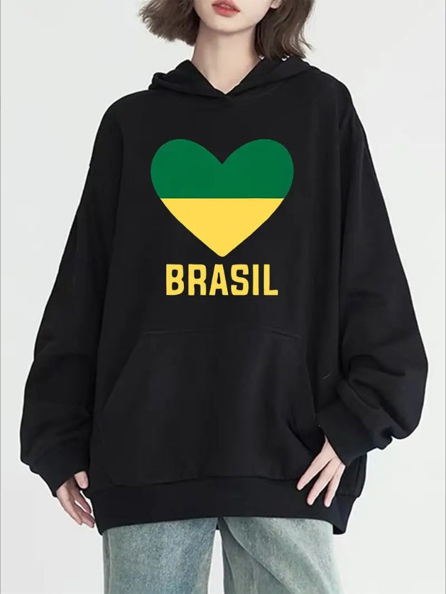 Chic Brazilian Heart Print Hoodie For Women - Casual Long Sleeve Pullover With Kangaroo Pocket, Cozy Machine Washable - Perfect For Fall & Winter