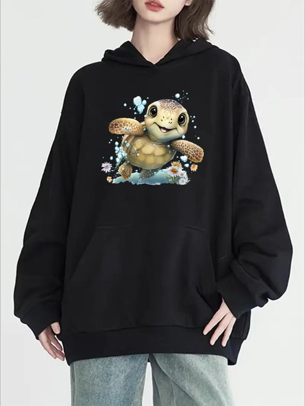 Women's Casual Turtle Print Hoodie With Kangaroo Pocket - Cozy Pullover, Long Sleeve, Drawstring Hooded Sweatshirt, Machine Washable - Perfect For All Seasons
