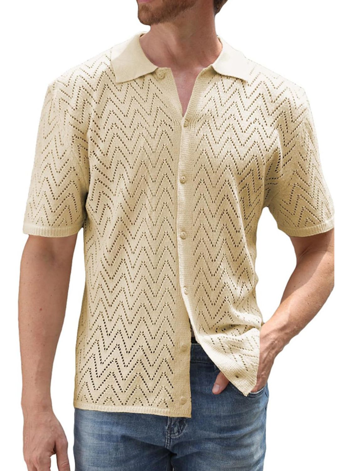 Men's Full Size Openwork Button Down Short Sleeve Shirt Plus Size