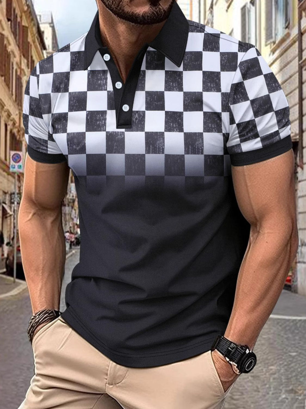 Men's Full Size Collared Checkered Short Sleeve Polo Plus Size