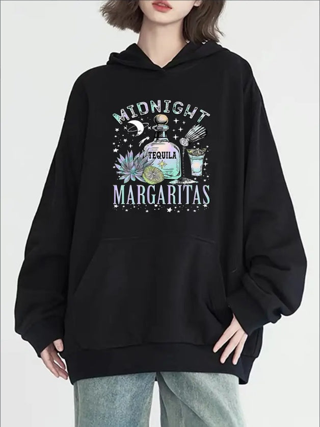 Women's Casual Hoodie With Tequila Print - Long Sleeve, Round Neck With Pockets, Cozy Knit Pullover For Fall & Winter