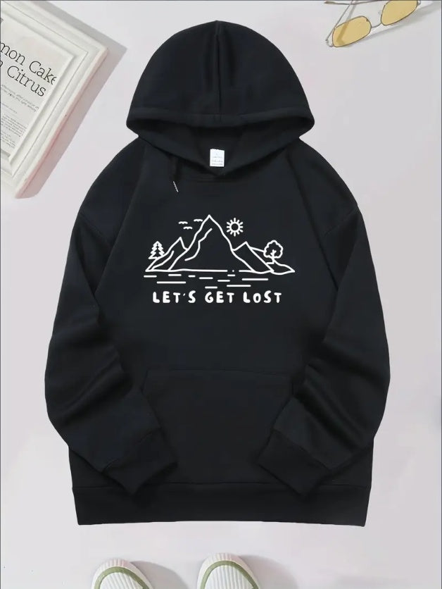 Women'S Casual Hooded Pullover Sweatshirt, Slight Stretch, Mountain Print, With Kangaroo Pocket, For All-Season Active Hoodie