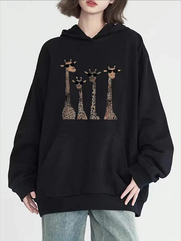 Women's Chic Giraffe Print Hoodie - Casual Long Sleeve With Pockets, Cozy Knit Pullover For Fall & Winter
