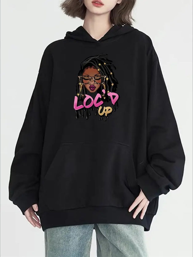 Chic Black Girl Graphic Hoodie With Kangaroo Pocket - Casual Long Sleeve Pullover For Women, Machine Washable