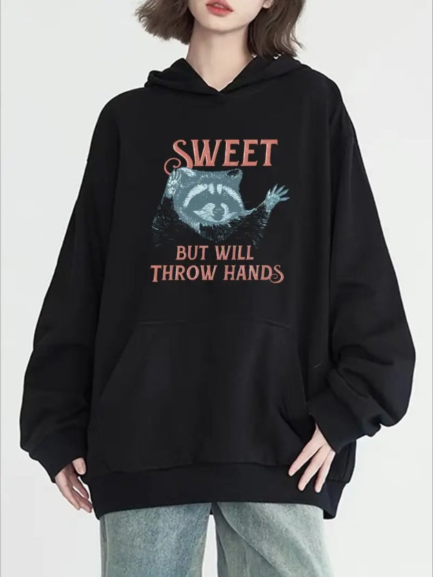 Plus Size Women's Sweet Raccoon Graphic Print Hoodie -Casual Hooded Sweatshirt With Long Sleeves, Pouch Pocket - Versatile Fashion For All Seasons