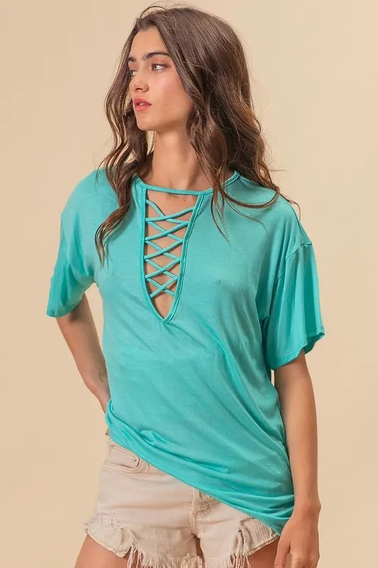 BiBi Jersey Knit Top with Criss Cross Front Neck Detail