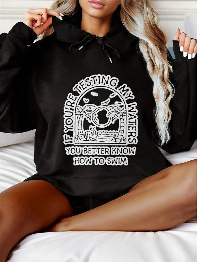 Women's Casual Hoodie With Coconut Tree & Letter Design - Cozy Long Sleeve Drawstring Pullover, Perfect For Fall & Winter