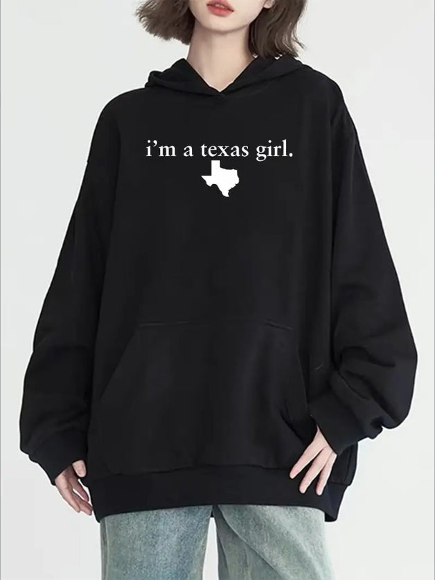 Texas Pride Casual Hoodie With Kangaroo Pocket - Long Sleeve Hooded Sweatshirt With Printed Design For Women - All-Season Comfort