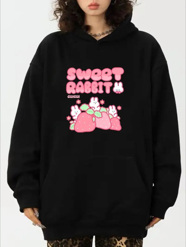 Women's Sweet Rabbit Graphic Print Hoodie , Casual Pullover With Hooded Neck, Long Sleeve, Front Pocket For All Seasons