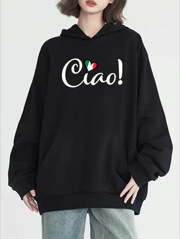 Casual Hoodie For Women With Kangaroo Pocket And Creative 'Ciao' Graphic  All-Season Hooded Sweatshirt Long Sleeve Pullover Style