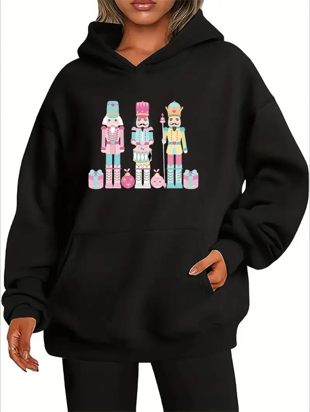 Nutcracker Graphic Kangaroo Pocket Hoodie, Casual Long Sleeve Hooded Sweatshirt, All-Season Women's Pullover