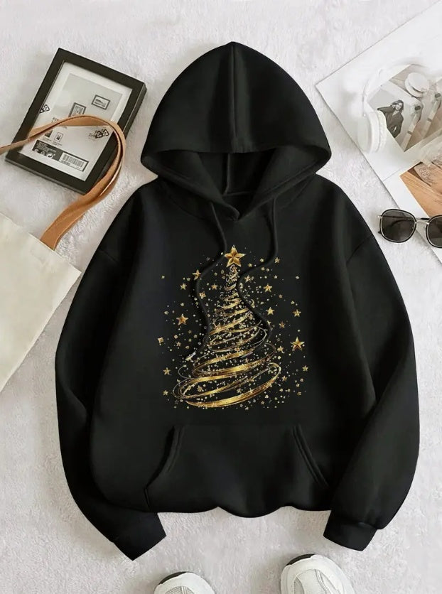 Women'S Christmas Tree Print Hoodie, Casual Long Sleeve Pullover With Kangaroo Pocket, Polyester Knit Fabric, Hooded Sweatshirt For Winter And Autumn