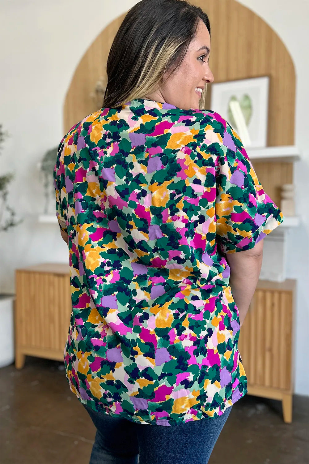 Double Take Full Size Printed V-Neck Short Sleeve Side Slit Top