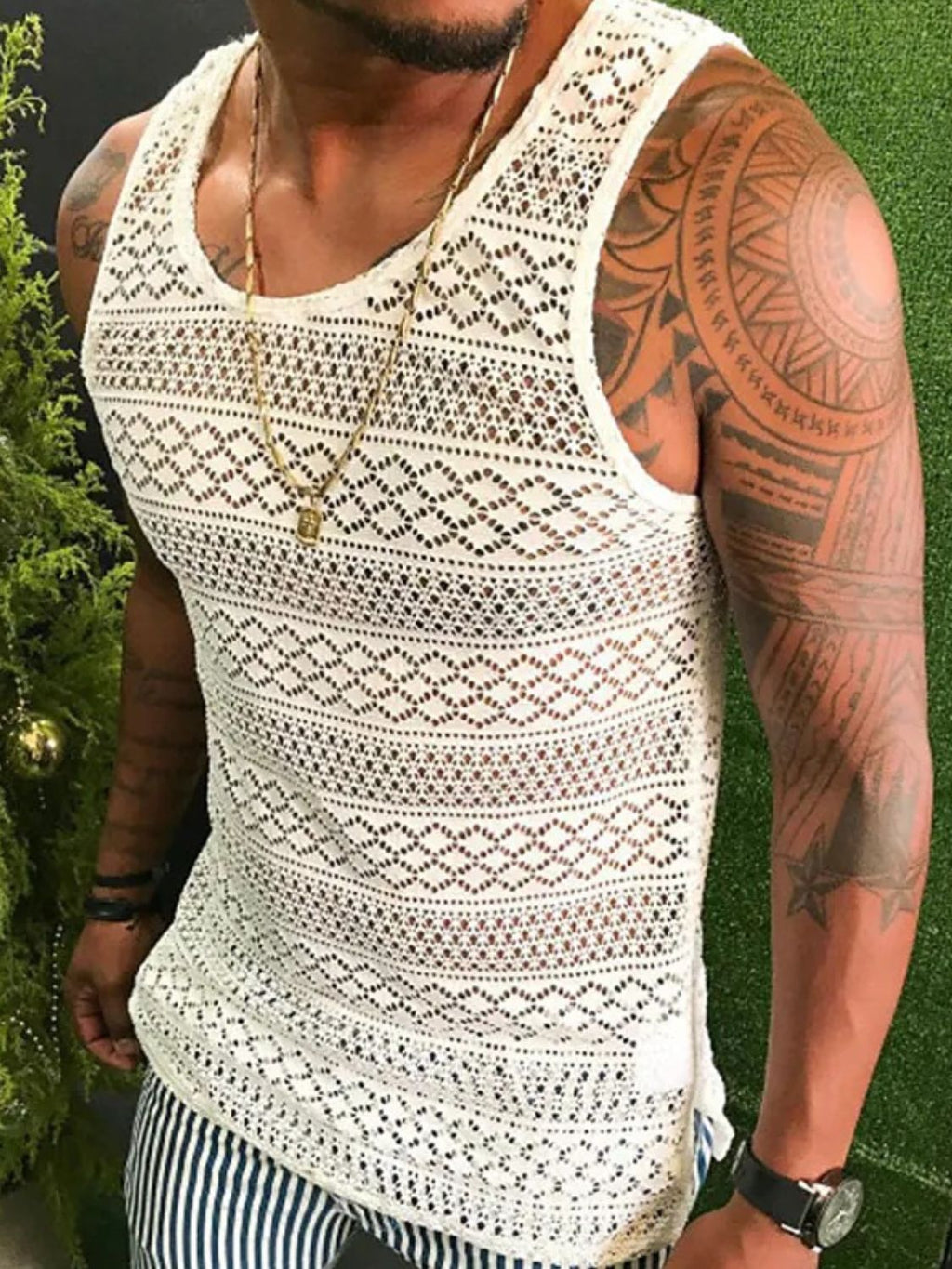 Men's Full Size Openwork Round Neck Tank Plus Size