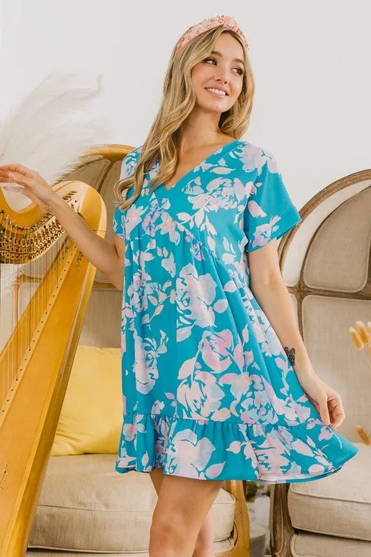 BiBi Floral Crinkle Shirred Ruffle Detail V Neck Dress