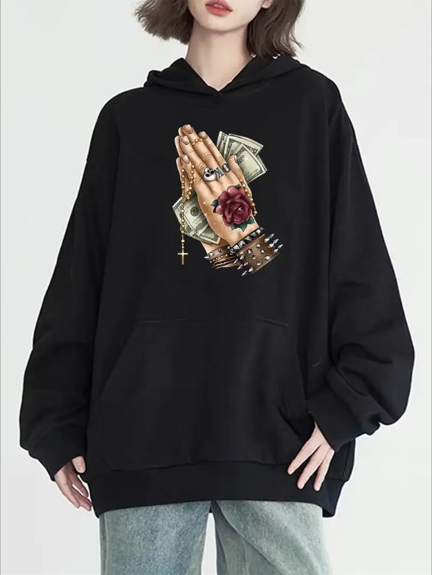 Women's Casual Hoodie With Prayer Graphic & Kangaroo Pocket - Long Sleeve, Machine Washable