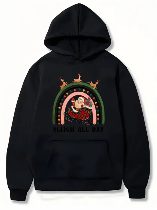 Women'S Christmas Themed Hoodie - Sleigh All Day Print, Long Sleeve,Warm Fleece-Lined, Drawstring Hood, Casual Pullover With Pockets, Regular Fit, Fall Winter Collection