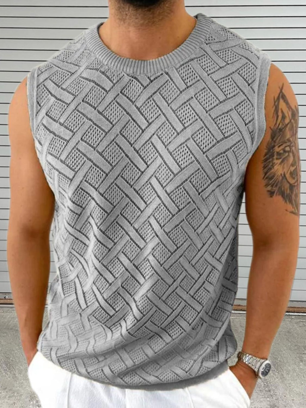 Men's Round Neck Sleeveless Eyelet Knit Top