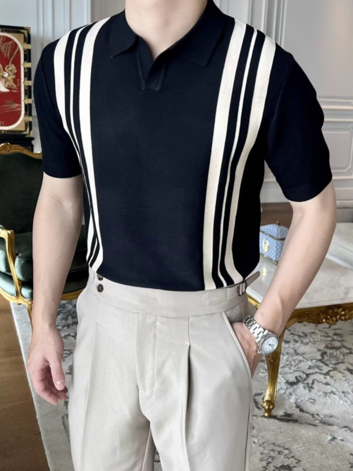 Men's Plus Size Contrast Collared Neck Short Sleeve Polo