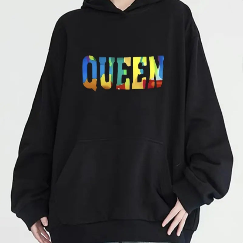 Women's Fashion Colorful Queen Pattern Print Hoodie, Long Sleeve, Round Neck, With Pocket, Casual Pullover Sweatshirt, Unisex-Adult, All-Season
