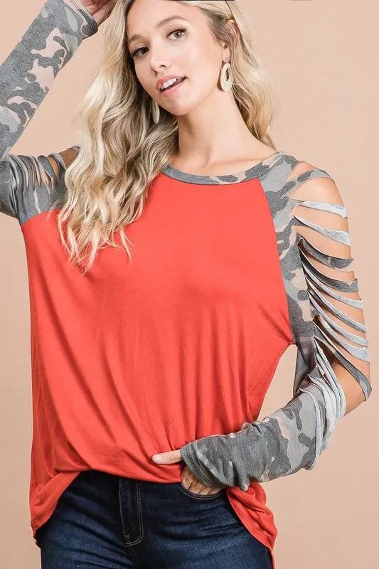 BiBi Jersey Knit Top with Camouflage Laser Cut Sleeves