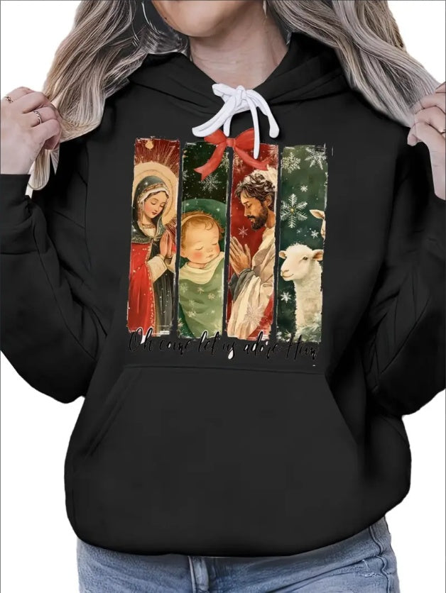Snug Appeal, Women's Casual Hoodie With Vintage Christmas Print -  Long Sleeve, Drawstring Pullover For Fall Winter