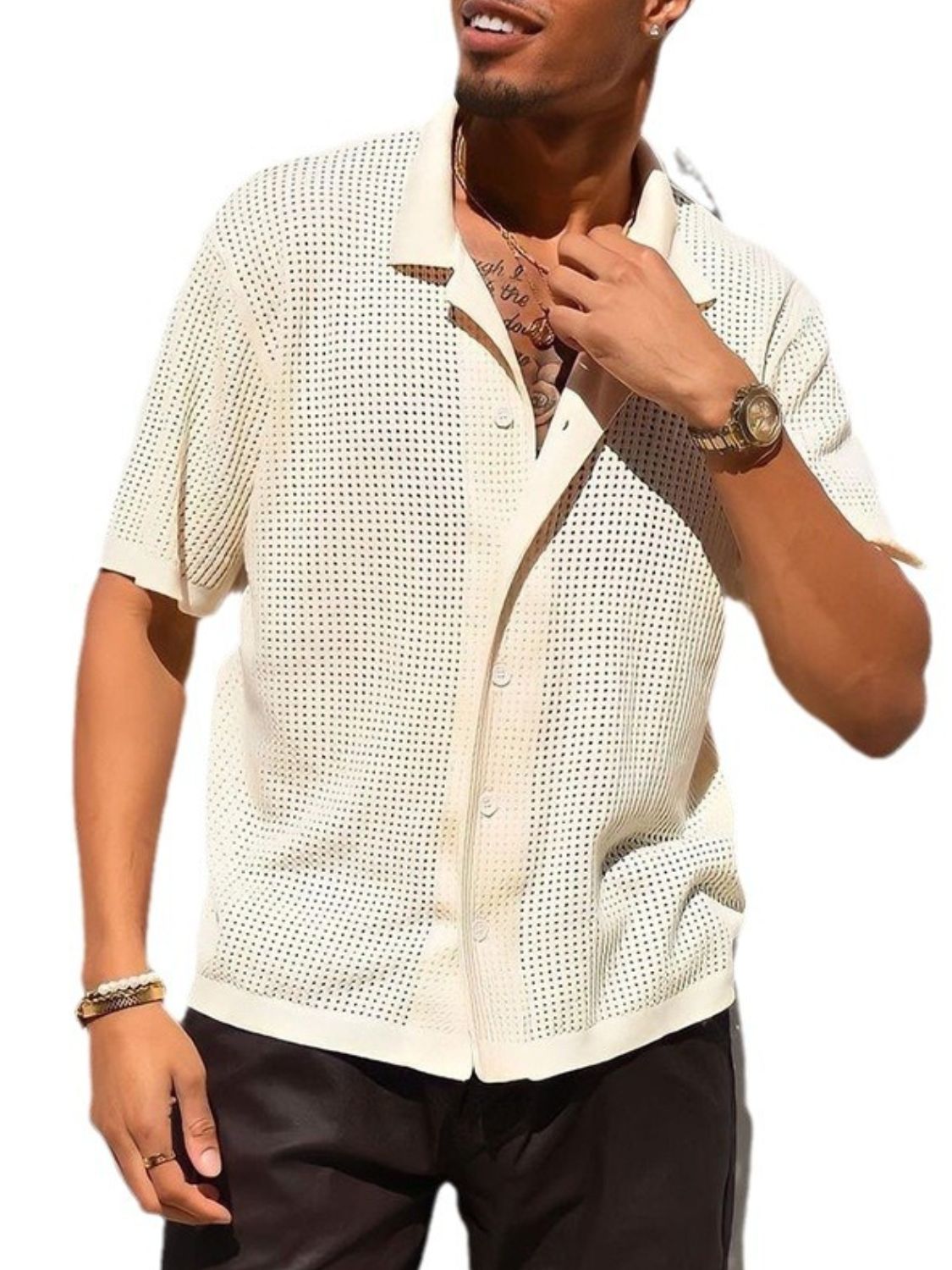 Men's Full Size Openwork Button Down Collared Neck Shirt Plus Size