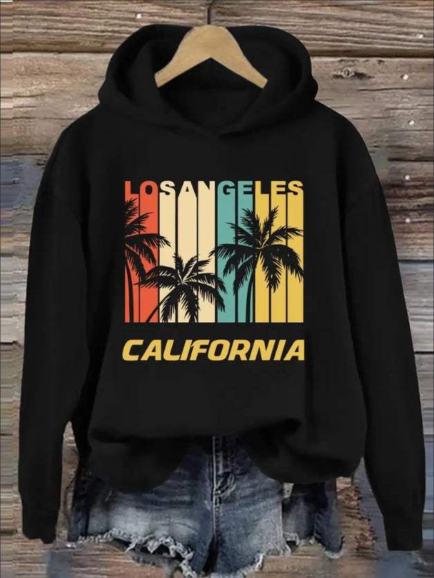 For Winter & Fall, Drawstring Casual California C Print Hoodie, Women's Clothing Hooded Sweatshirt