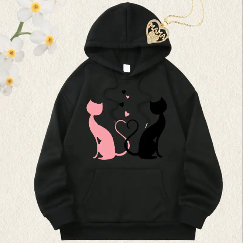 Women'S Christmas Cat Silhouette Print Hoodie, Casual Long Sleeve Pullover Hooded Collar, All-Season, Multi-Functional Hooded Sweatshirt With Pocket