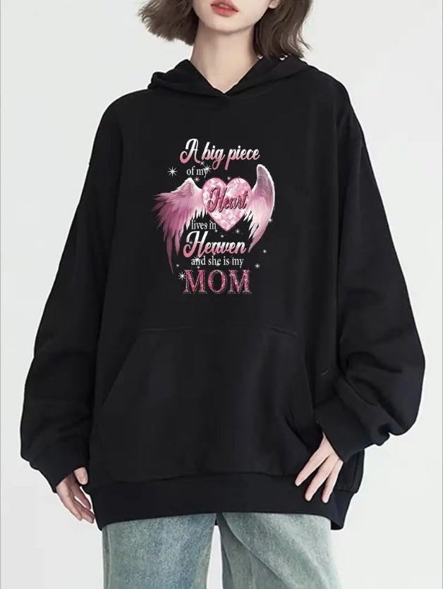Cozy Heart & Wings Print Hoodie For Women - Casual Long Sleeve With Pockets, Soft Pullover For Fall Winter
