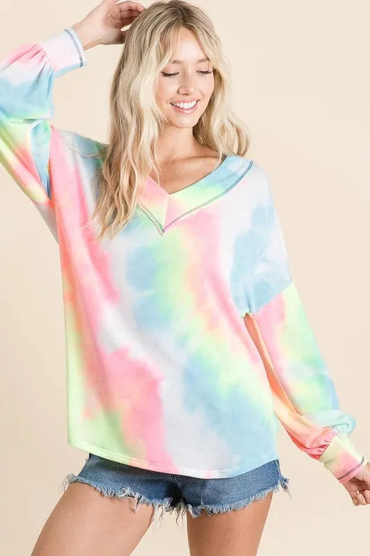 BiBi Tie Dye French Terry V-Neck Top with Puff Sleeves