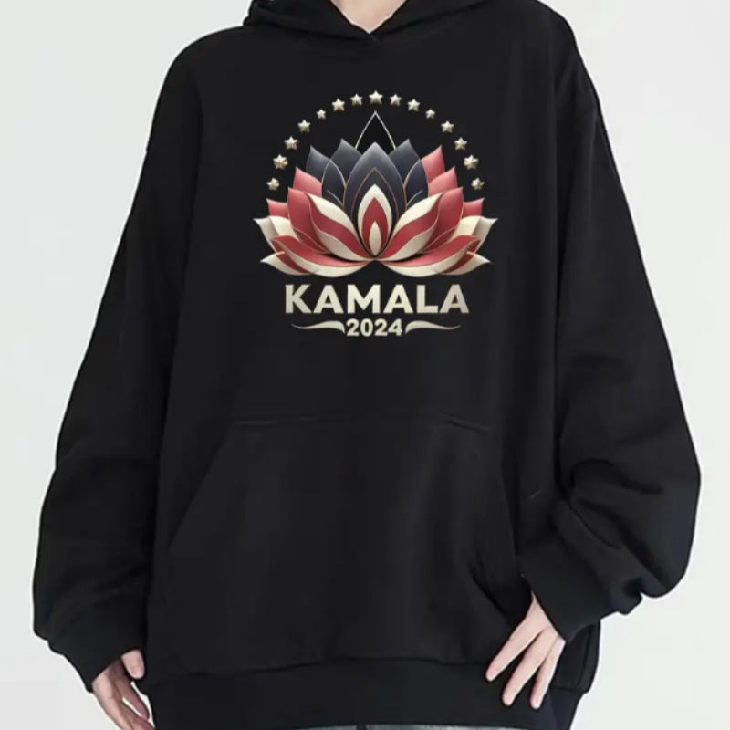 Harris Graphic Kangaroo Pocket Hoodie, Casual Long Sleeve Hooded Sweatshirt For Women