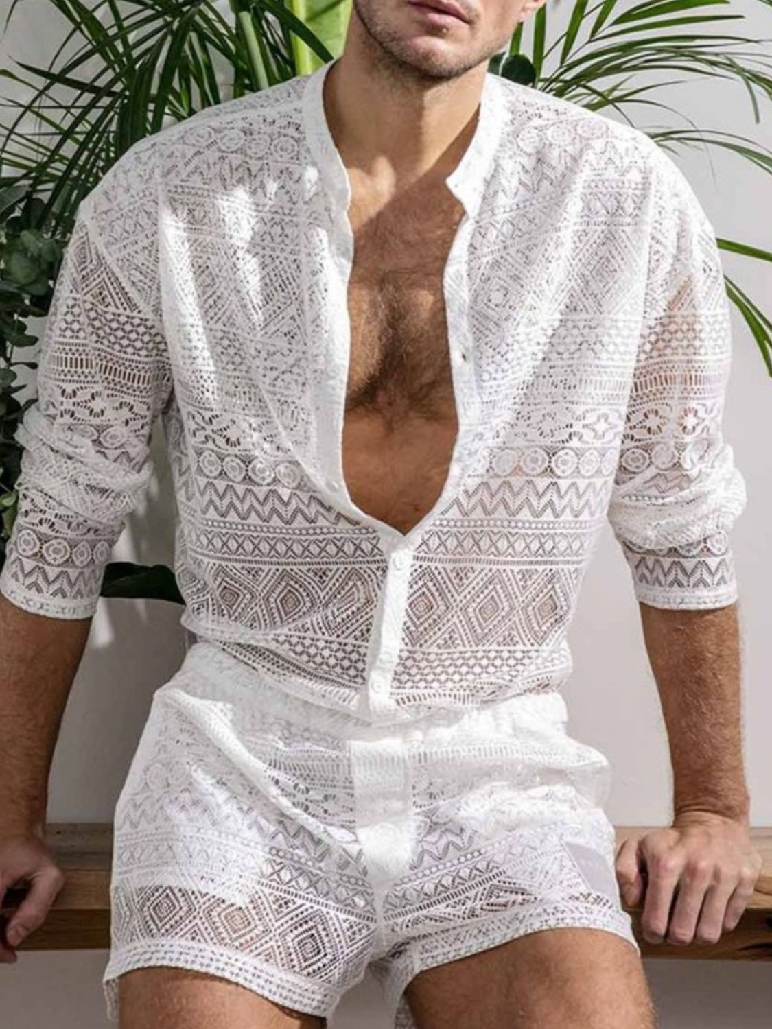 Men's Full Size Lace Button Down Top and Shorts Set Plus Size